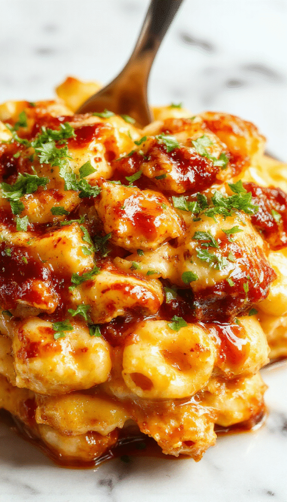 A vibrant plate of creamy mac and cheese topped with golden, honey BBQ glazed chicken pieces. The dish features a rich, cheesy sauce with tender pasta, garnished with fresh herbs. The background includes a rustic wooden table with a fork and a side of green salad, highlighting the comforting and hearty nature of the meal.