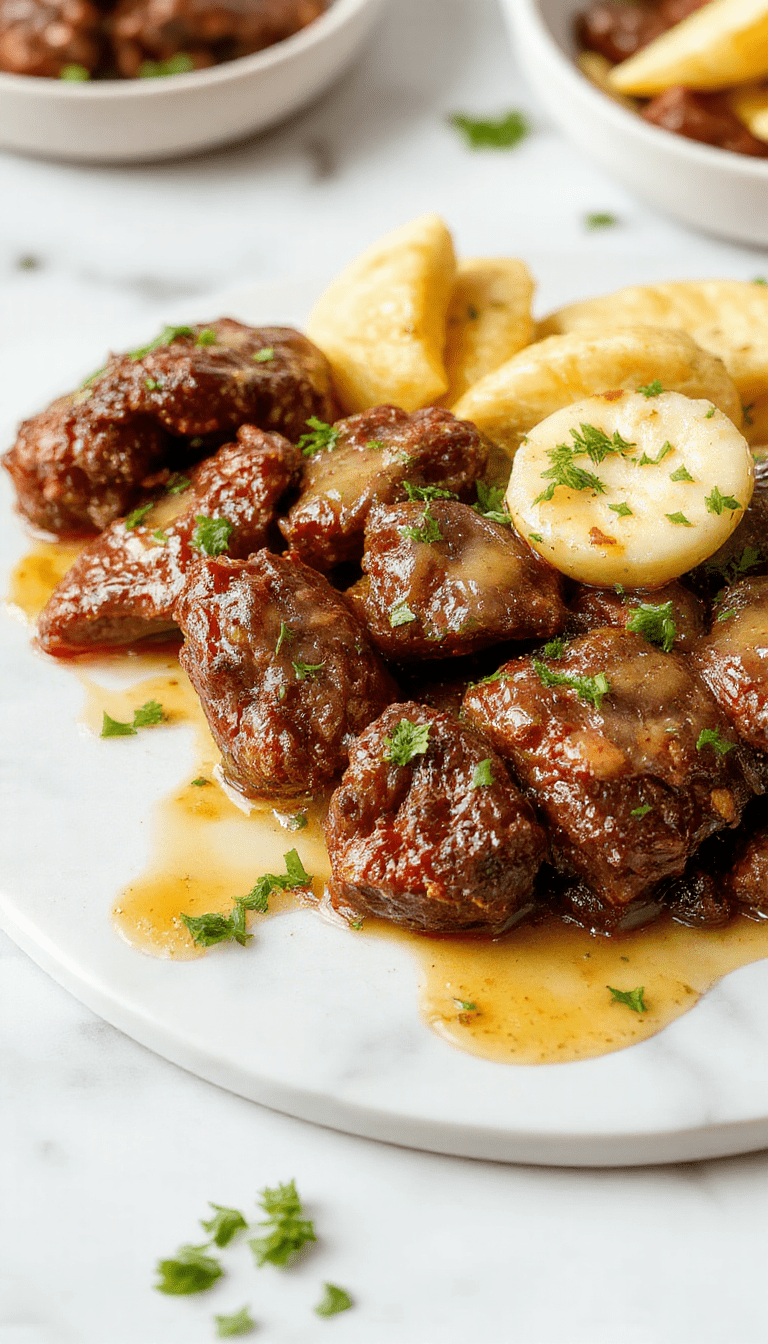 A close-up shot of tender beef bites coated in rich garlic butter sauce, arranged neatly on a rustic white plate with fresh parsley garnish, with a soft-focus background showing a slow cooker and garlic cloves.