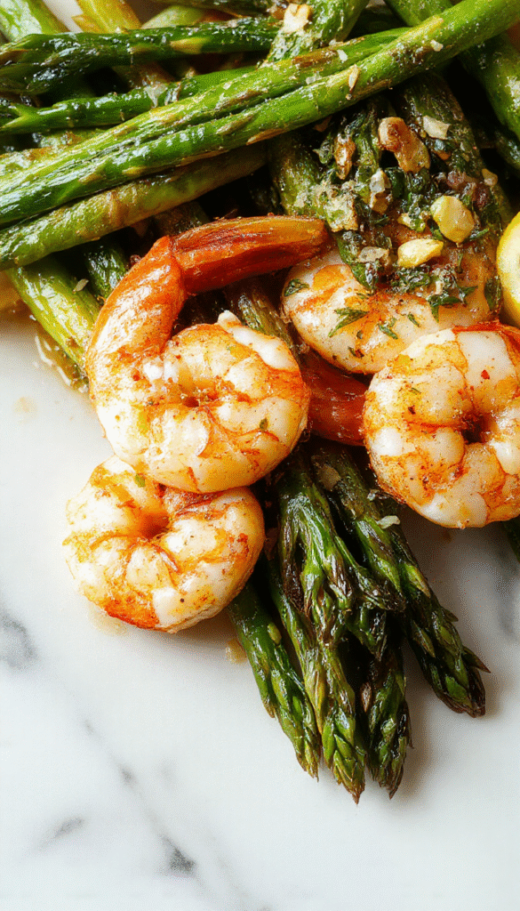 Vibrant serving of lemon garlic shrimp and tender asparagus arranged elegantly on a white ceramic plate. The shrimp glisten with a citrusy glaze, garnished with fresh herbs, with bright green asparagus spears alongside, set on a rustic wooden table with a hint of lemon slices and garlic cloves in the background.