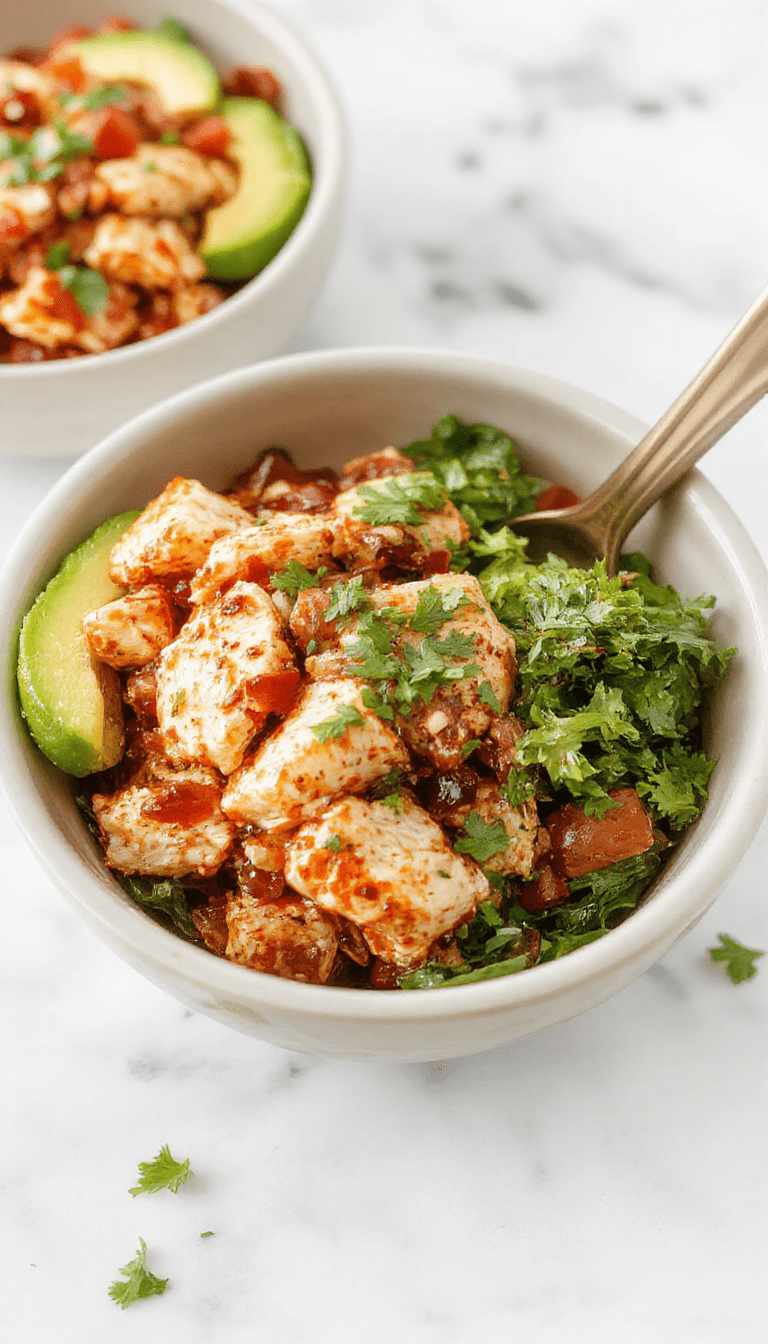 Colorful southwest chicken burrito bowls featuring seasoned grilled chicken, vibrant cherry tomatoes, creamy avocado slices, shredded cheese, fresh cilantro, all arranged in a white bowl with a rustic wooden background, highlighting textures and bright ingredients.