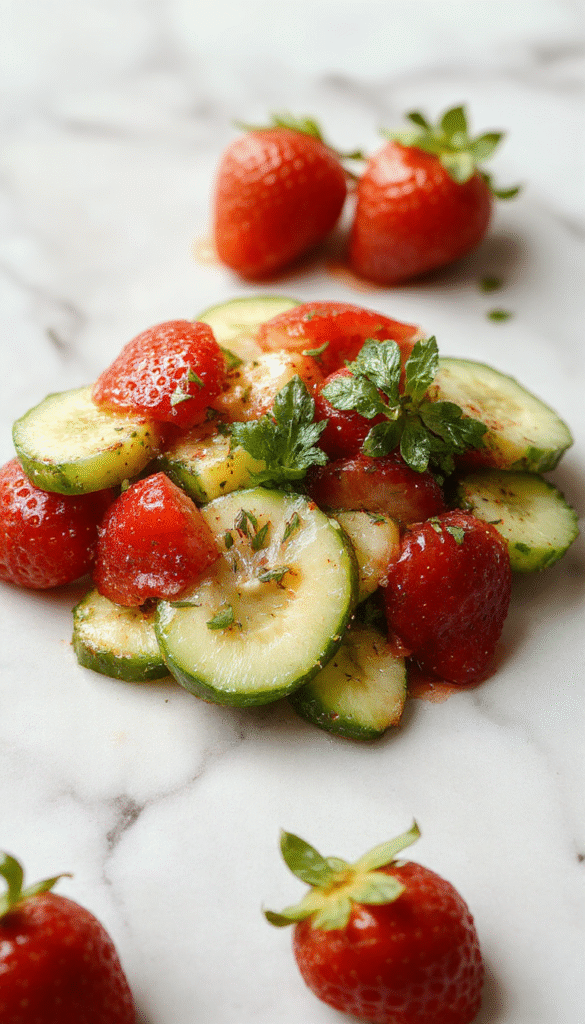 A vibrant bowl of cucumber and strawberry salad featuring slices of crisp green cucumbers and juicy red strawberries, garnished with fresh mint leaves, arranged on a white plate with a light drizzle of dressing, styled with colorful ingredients and a fresh summer vibe.