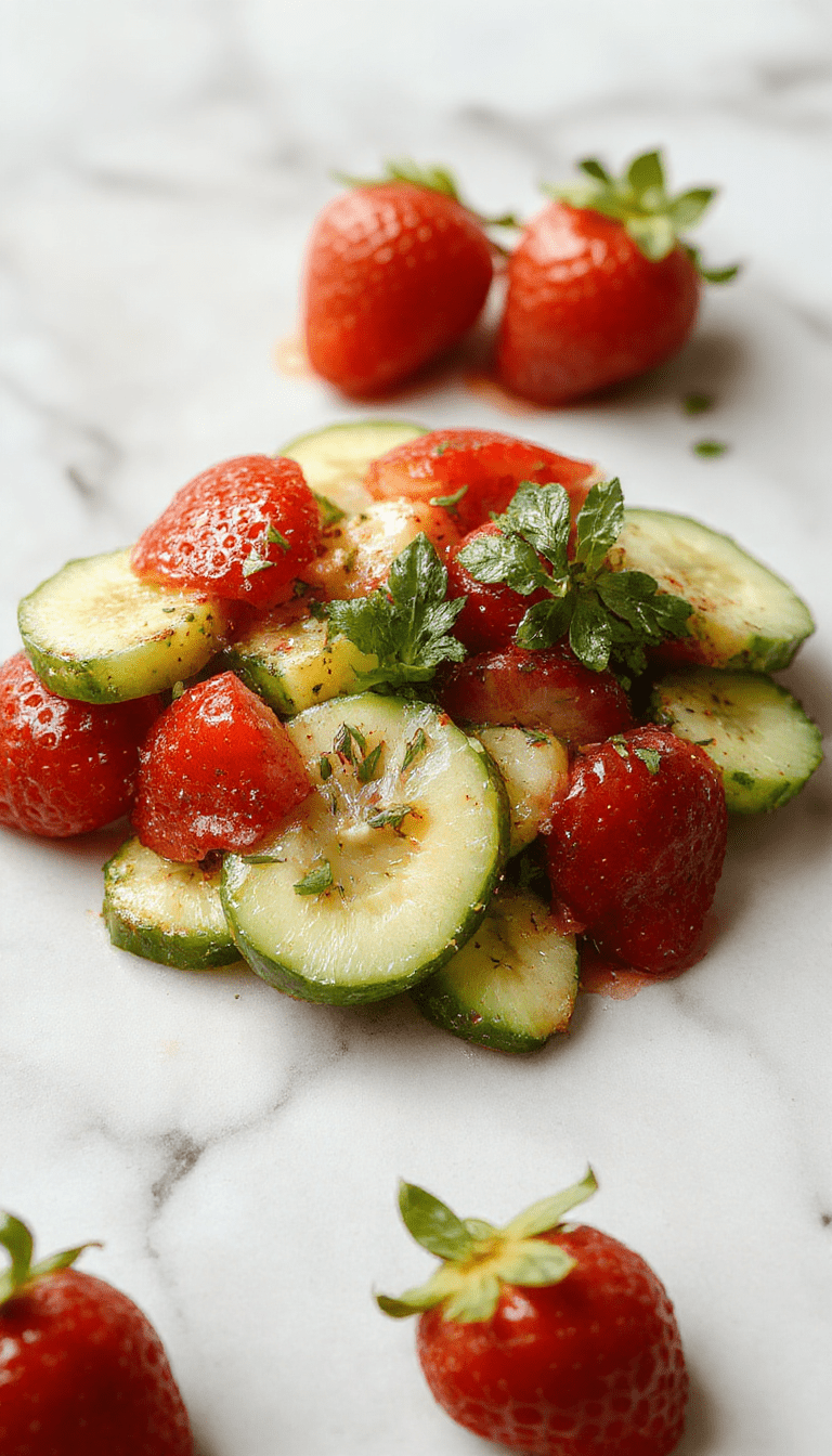 A vibrant bowl of cucumber and strawberry salad featuring slices of crisp green cucumbers and juicy red strawberries, garnished with fresh mint leaves, arranged on a white plate with a light drizzle of dressing, styled with colorful ingredients and a fresh summer vibe.