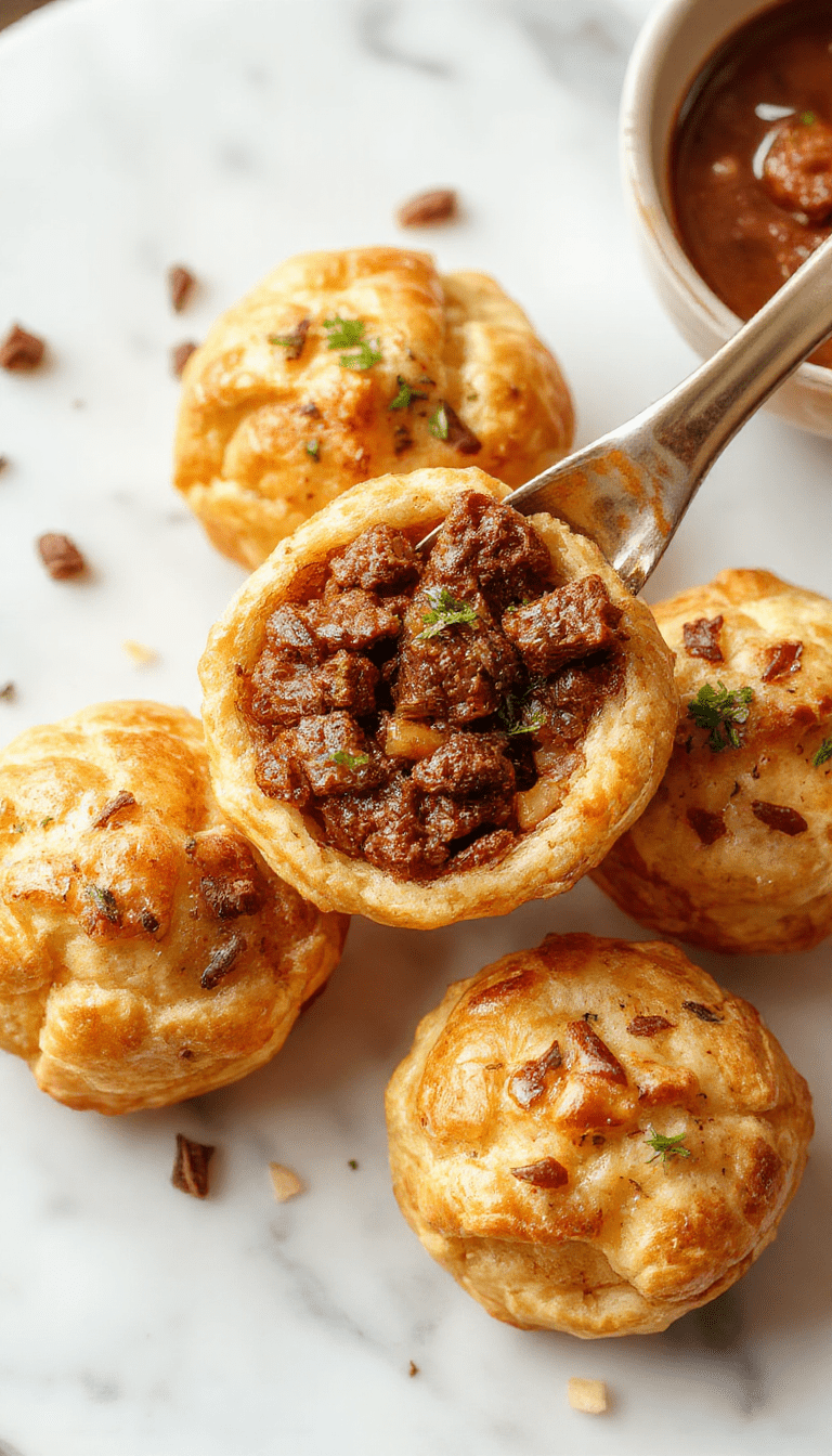 Golden brown pastry puffs filled with tender pulled beef arranged on a rustic wooden platter, garnished with fresh herbs, flaky textures visible, exuding warmth and appetizing appeal