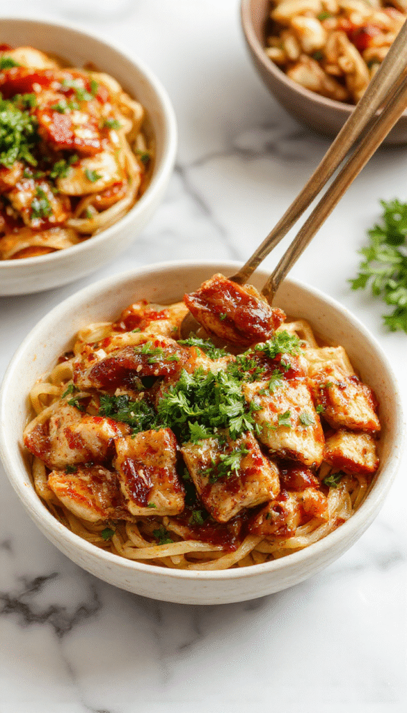 A close-up of a vibrant bowl of garlic chicken noodles showcasing tender chicken pieces coated in glossy garlic sauce, mixed with colorful stir-fried vegetables and garnished with fresh herbs, on a rustic wooden table with chopsticks