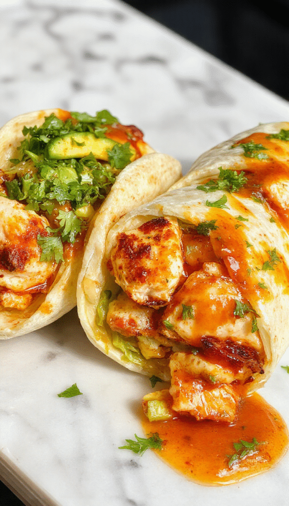 Colorful chicken wraps featuring tender grilled chicken coated in glossy sweet chili sauce, wrapped in soft tortillas with fresh shredded lettuce, julienned carrots, and chopped cilantro. The wraps are arranged on a rustic wooden surface, highlighting vibrant reds, greens, and oranges, with a drizzle of sauce and a side of lime slices for garnish.