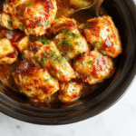 Colorful plate featuring shredded tender Hawaiian chicken in a glossy sweet sauce, garnished with chopped green onions and pineapple chunks, served with vibrant roasted vegetables on a rustic wooden surface.