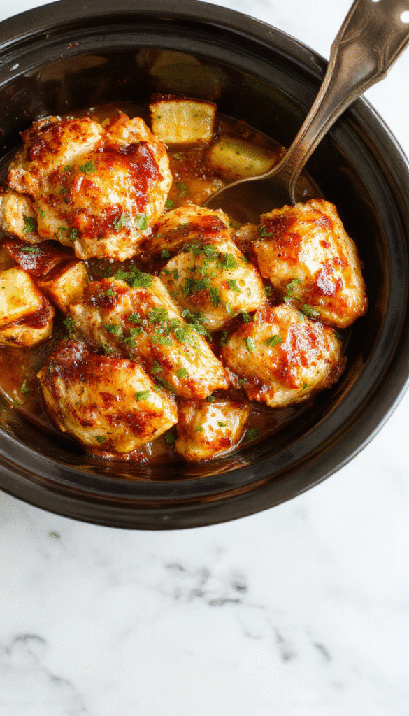 Colorful plate featuring shredded tender Hawaiian chicken in a glossy sweet sauce, garnished with chopped green onions and pineapple chunks, served with vibrant roasted vegetables on a rustic wooden surface.