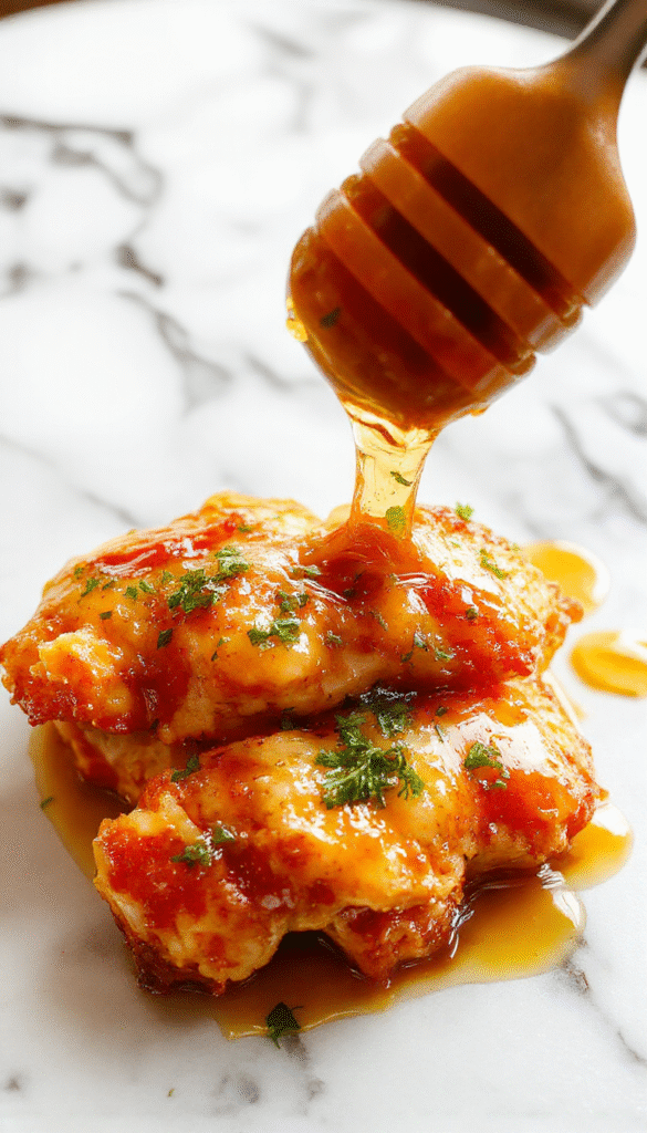 A glossy plate of honey butter chicken featuring tender, golden-brown chicken breasts drizzled with a rich, amber honey butter sauce, garnished with fresh herbs, served alongside a bed of fluffy rice and colorful steamed vegetables on a rustic wooden table with natural lighting.