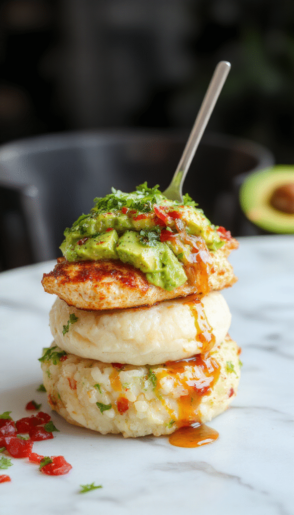 A vibrant plate featuring a stack of fluffy white rice topped with sliced avocado, grilled honey lime chicken strips coated in a glossy glaze, garnished with lime wedges and fresh cilantro, styled elegantly on a rustic wooden table with bright natural lighting highlighting the textures and colors