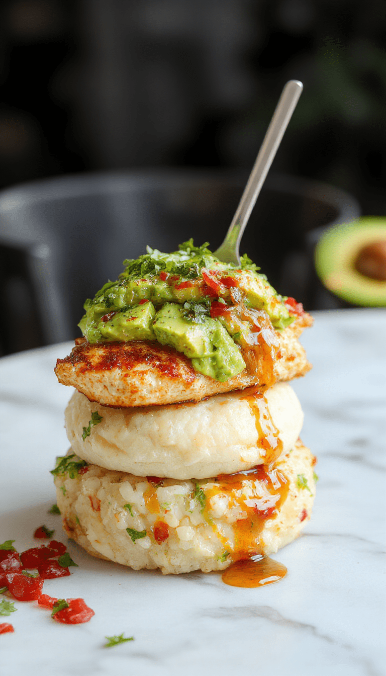A vibrant plate featuring a stack of fluffy white rice topped with sliced avocado, grilled honey lime chicken strips coated in a glossy glaze, garnished with lime wedges and fresh cilantro, styled elegantly on a rustic wooden table with bright natural lighting highlighting the textures and colors