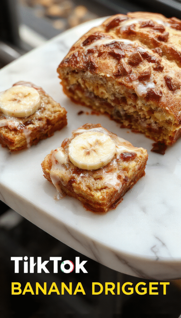 A golden-brown sliced banana bread sitting on a rustic wooden platter, garnished with fresh banana slices and a drizzle of honey. The bread's texture appears moist and fluffy, with visible banana chunks throughout. The background features a light, airy kitchen setting with soft natural lighting highlighting the warm tones of the bread and the vibrant yellows of the banana slices.