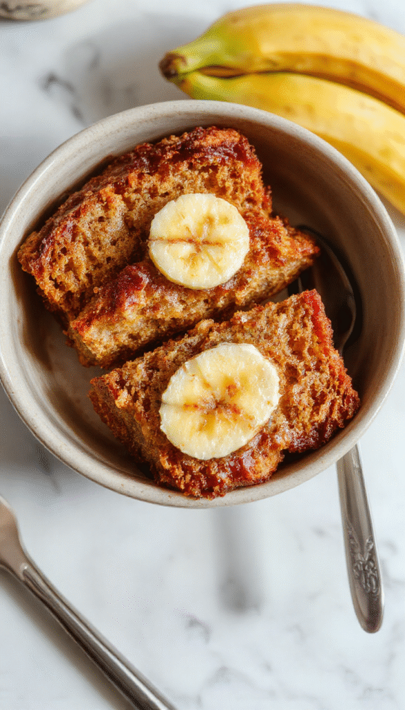 A golden, moist banana bread sliced on a rustic white plate, topped with a dusting of powdered sugar and fresh banana slices adorning the top, set on a wooden table with a soft natural light highlighting its tender texture.