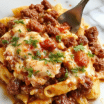 A vibrant plate of ground beef orzo garnished with fresh herbs, featuring creamy tomato sauce drizzled over tender pasta and minced beef, presented on a rustic white plate with a silver fork, set against a warm wooden table background.