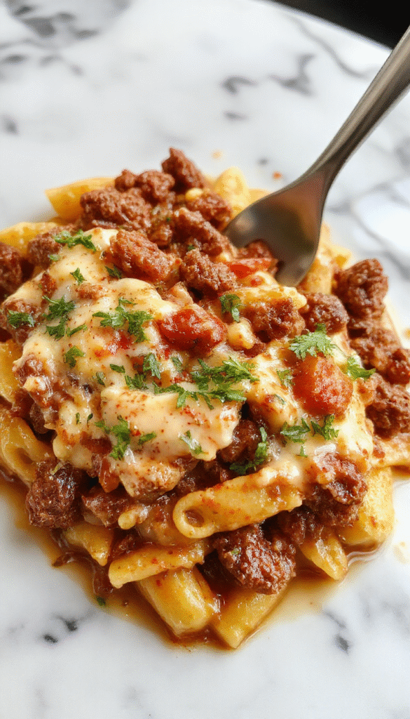 A vibrant plate of ground beef orzo garnished with fresh herbs, featuring creamy tomato sauce drizzled over tender pasta and minced beef, presented on a rustic white plate with a silver fork, set against a warm wooden table background.